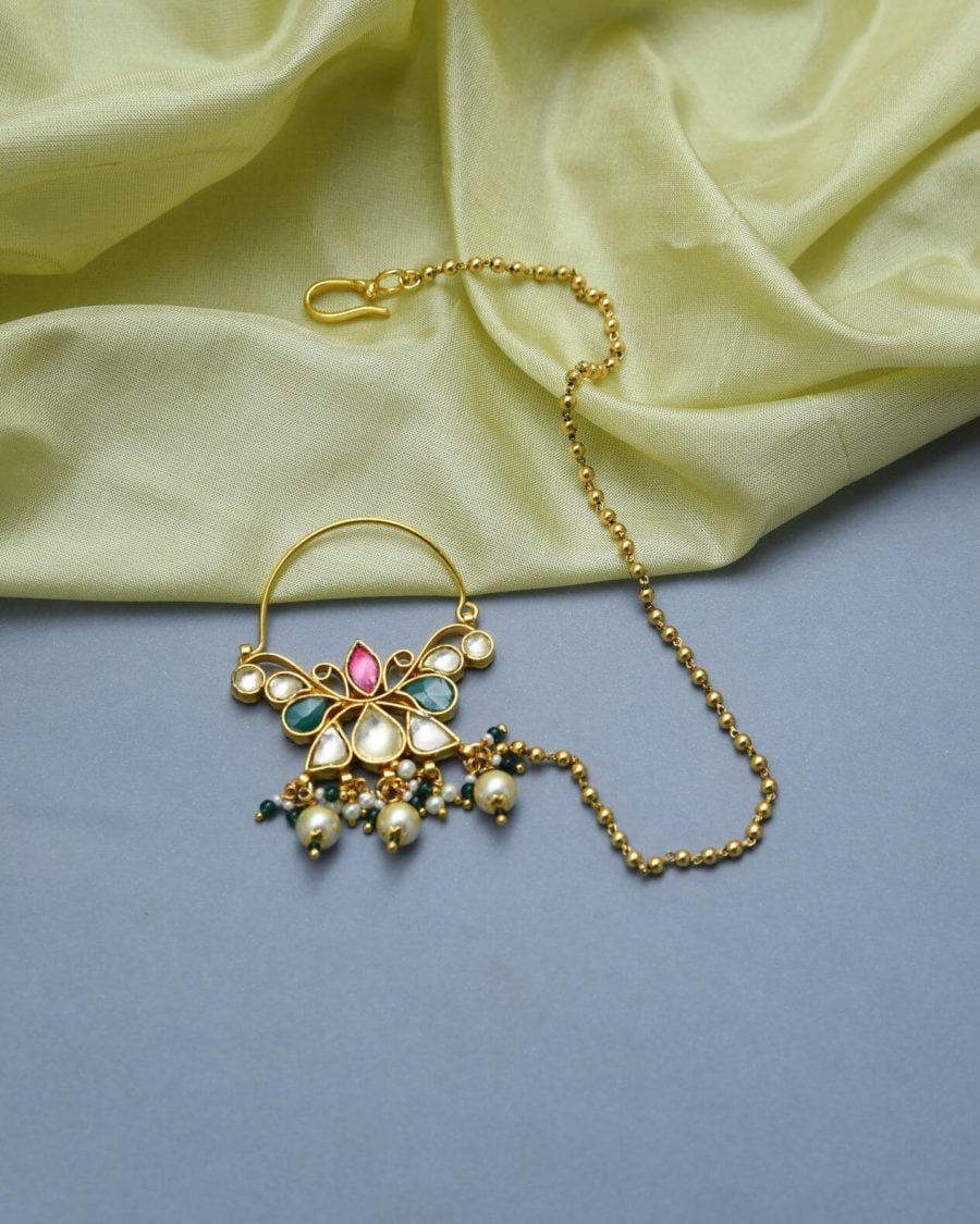 Gold Finish Kundan Handcrafted Nose Ring