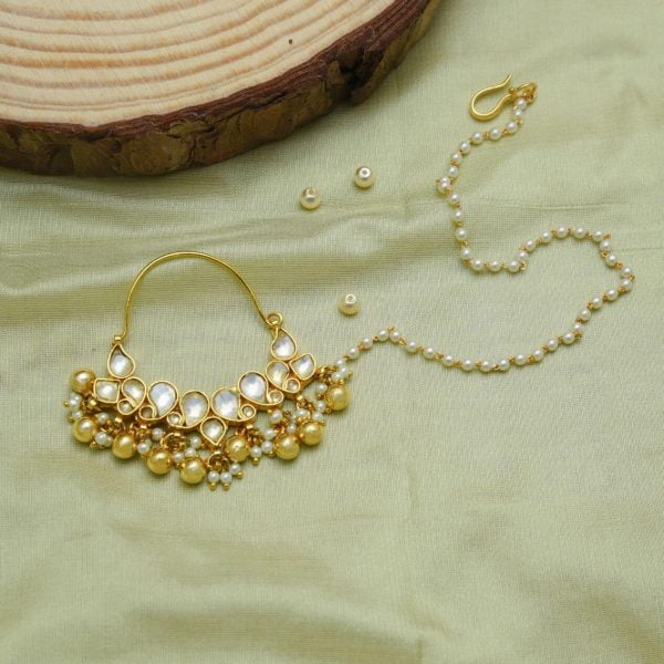 Gold Finish Kundan & Pearl Handcrafted Nose Ring