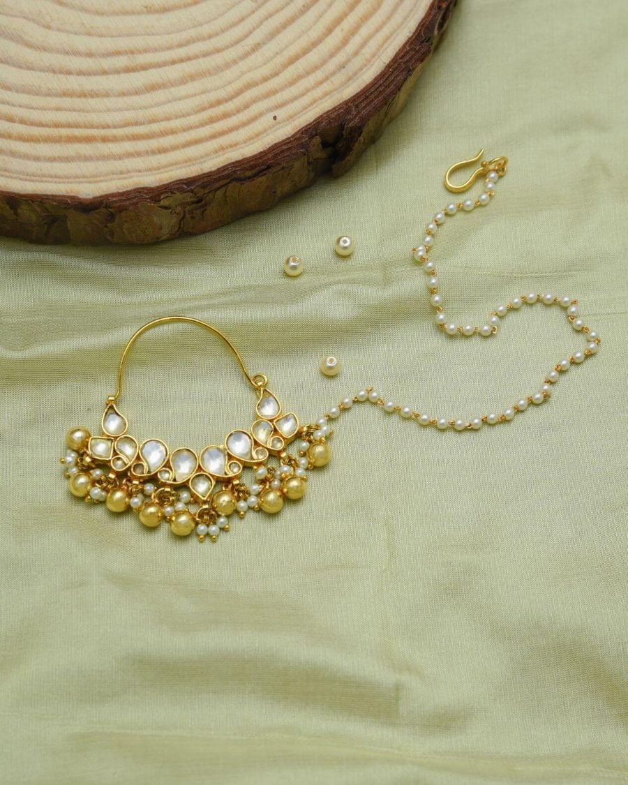 Gold Finish Kundan & Pearl Handcrafted Nose Ring