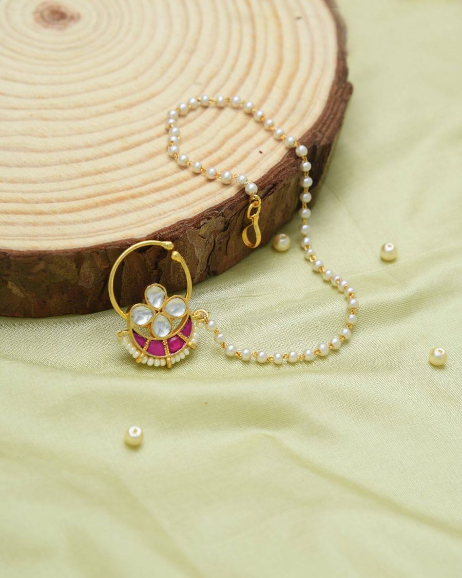Gold Finish Kundan Handcrafted Floral Nath