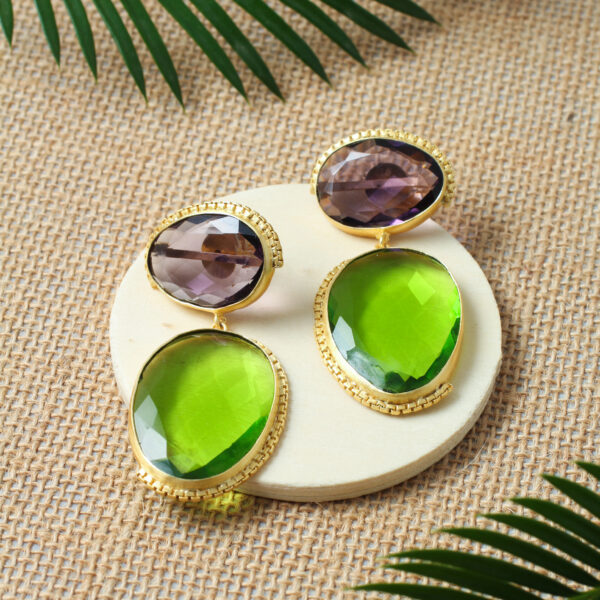 Gold-Toned Green & African Amethyst Geometric Drop Earrings