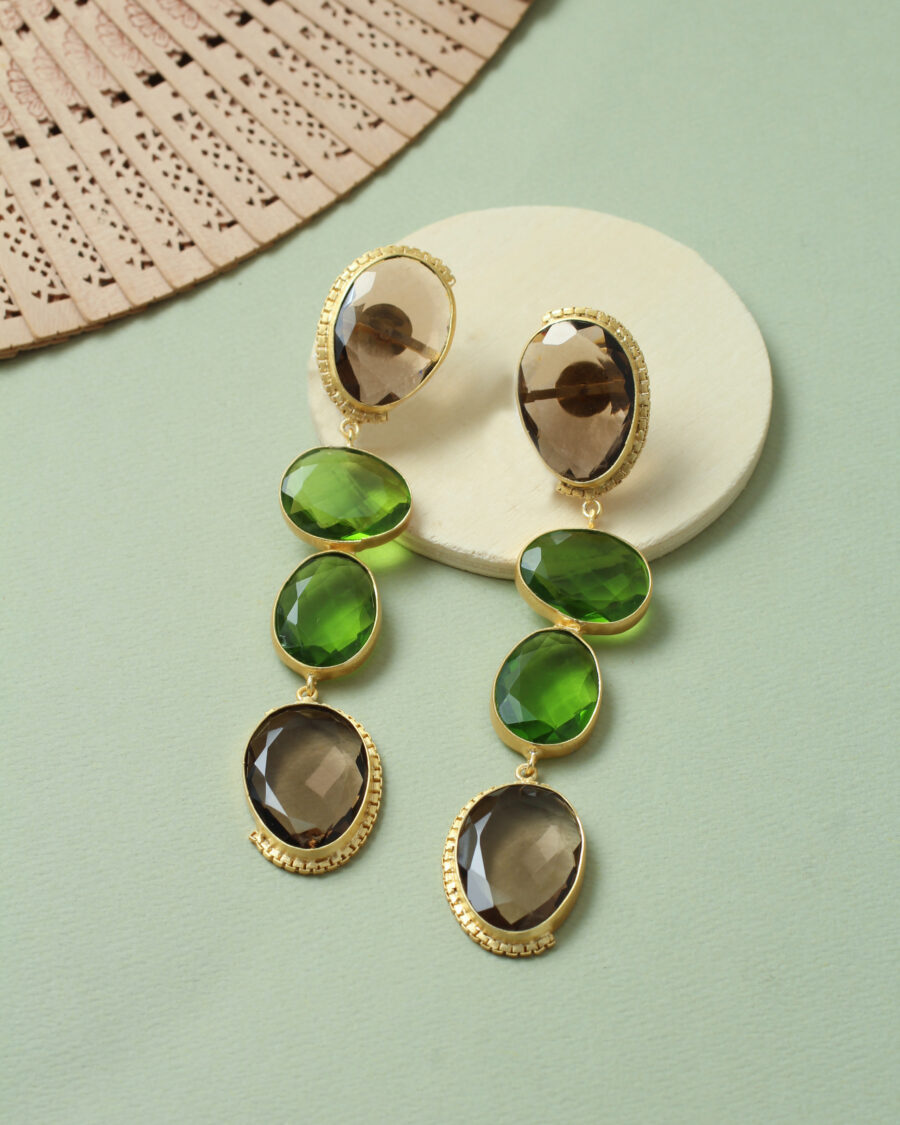 Gold-Toned Green & Smoky Quartz Geometric Drop Earrings