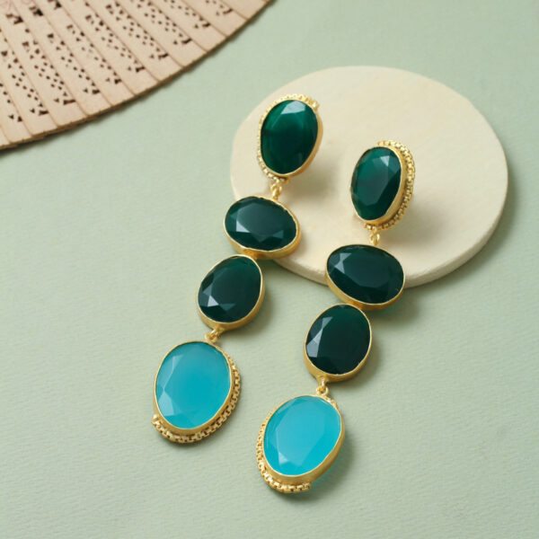 Gold-Toned Green & Blue Quartz Geometric Drop Earrings