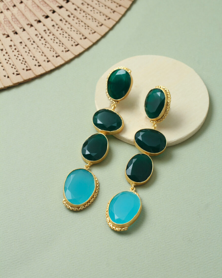 Gold-Toned Green & Blue Quartz Geometric Drop Earrings