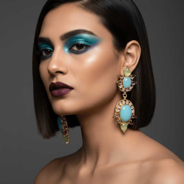 Belsi's Jewelry handcrafted gold-toned drop earrings with large azure blue oval cabochons, rose quartz petal accents, and a sparkling crystal halo on a white background.
