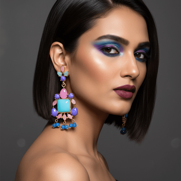 Belsi's Jewelry handcrafted statement earrings with tiered cobalt blue and candy pink beads on a luxury gold-toned frame.