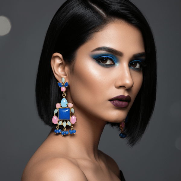 Belsi's Jewelry handcrafted gold-toned chandelier earrings with a cobalt blue square center, blush pink stone accents, and blue beaded drops.