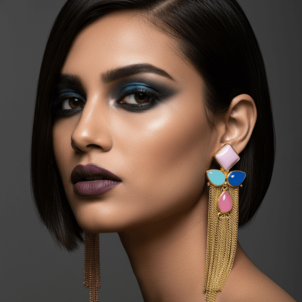 Belsi's Jewelry handcrafted gold tassel earrings with a lavender square top, teal and cobalt blue stones, and a pink teardrop center on a white background.
