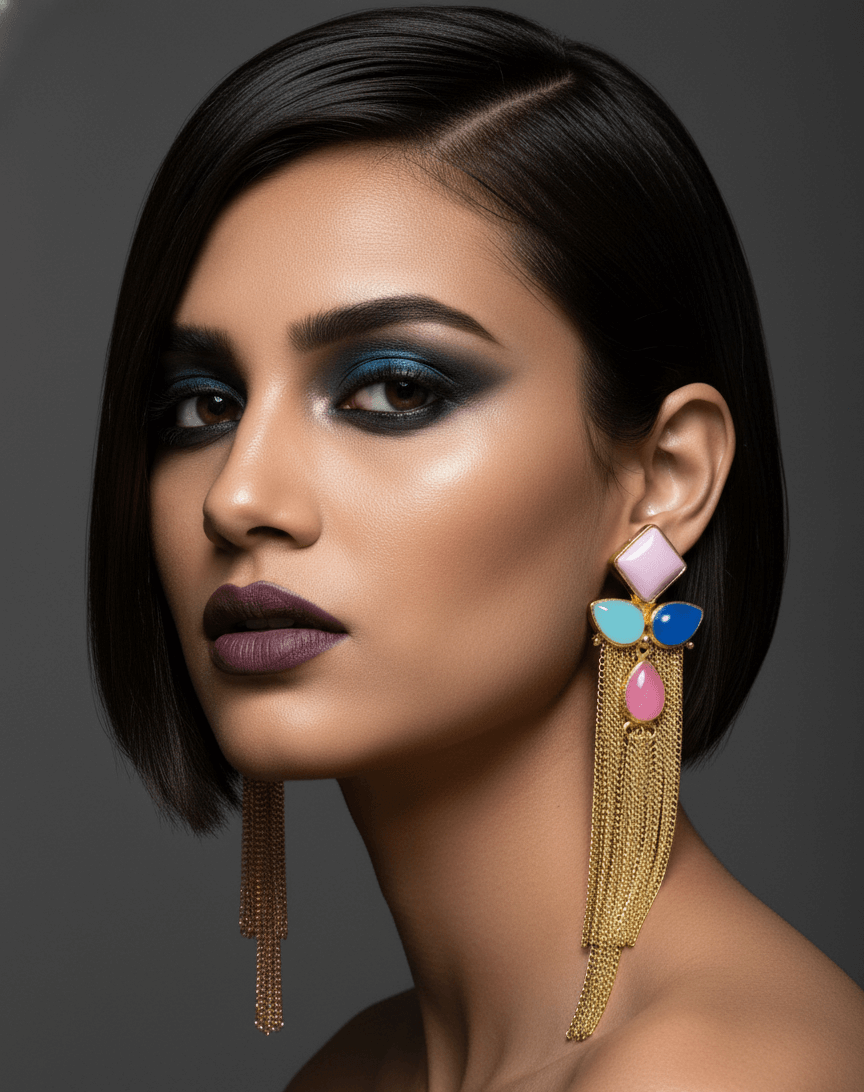 Belsi's Jewelry Candy Pastel & Cobalt Multi-Stone Tassel Earrings 1 Belsi's Jewelry handcrafted gold tassel earrings with a lavender square top, teal and cobalt blue stones, and a pink teardrop center on a white background.
