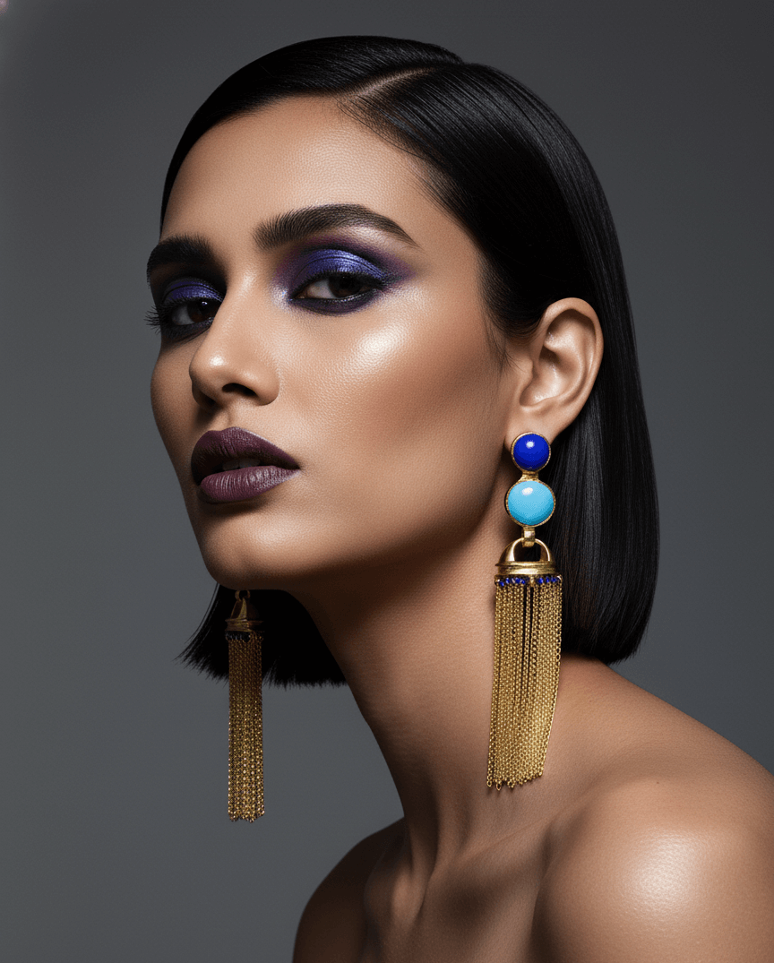 Belsi's Jewelry Azure & Cobalt Blue Tassel Drop Earrings 1 Belsi's Jewelry handcrafted gold tassel fringe earrings with two-tier cobalt and azure blue round stones on a white background.