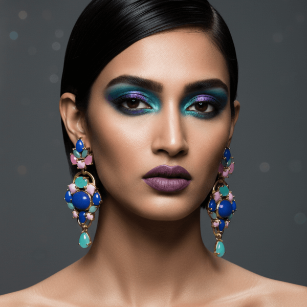 Belsi's Jewelry handcrafted gold-toned drop earrings featuring a geometric arrangement of royal blue, pastel pink, and seafoam green stones on a white background.