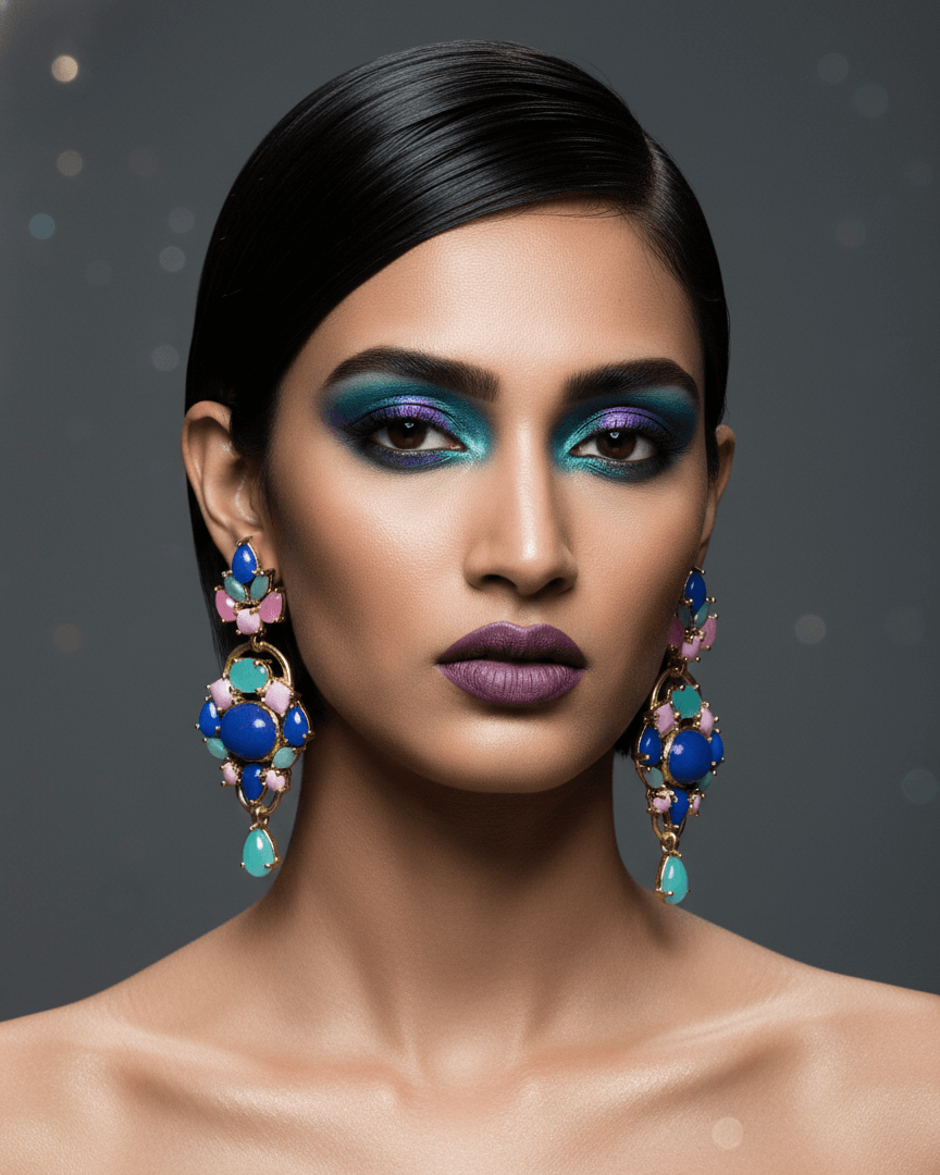 Belsi's Jewelry Royal Blue & Blush Pink Statement Drop Earrings 1 Belsi's Jewelry handcrafted gold-toned drop earrings featuring a geometric arrangement of royal blue, pastel pink, and seafoam green stones on a white background.