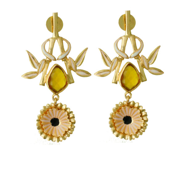 gold-toned, stone earrings, contemporary, nature-inspired, western, modern jewelry, long earrings, enamel, leaf design