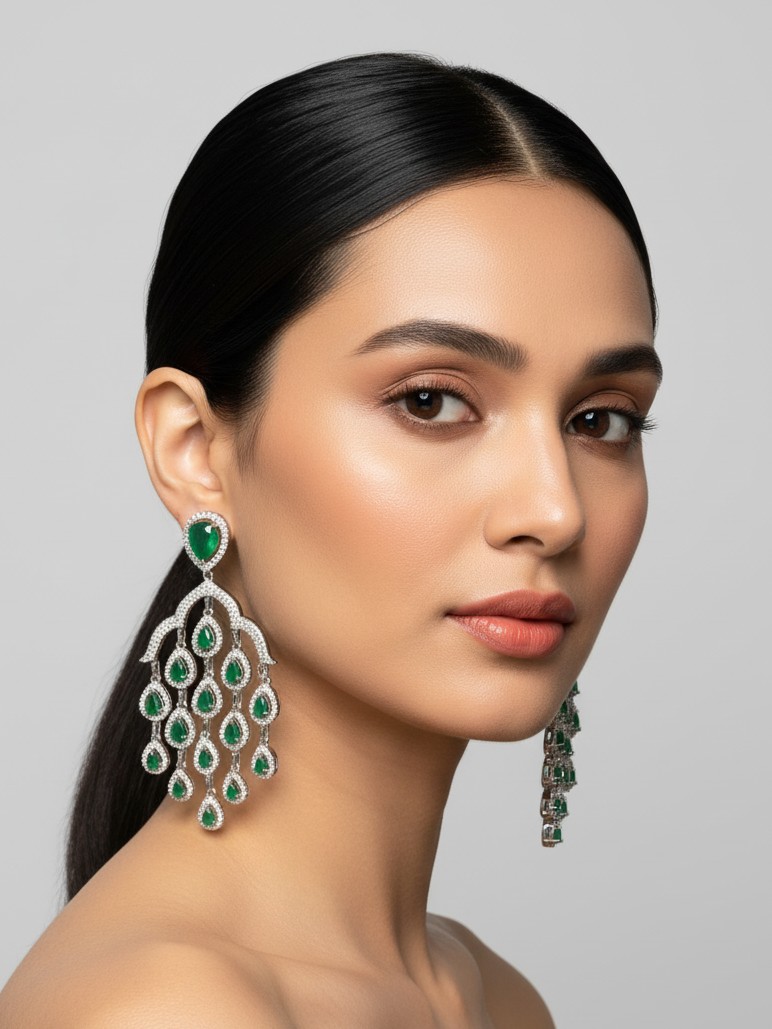 Luxury Emerald Green Chandelier Earrings with Diamond Detailing 1 "Woman wearing emerald green diamond chandelier earrings with teardrop design and luxury finish"