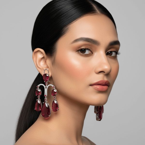 "Woman wearing Red multi-drop chandelier earrings with teardrop stones and luxury design"