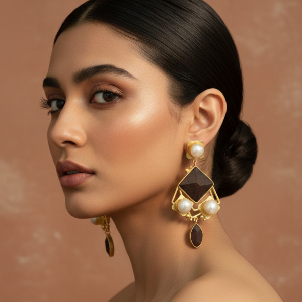 model wearing sophisticated gold-tone geometric drop earrings, featuring dark rosewood diamond accents and white baroque pearls.