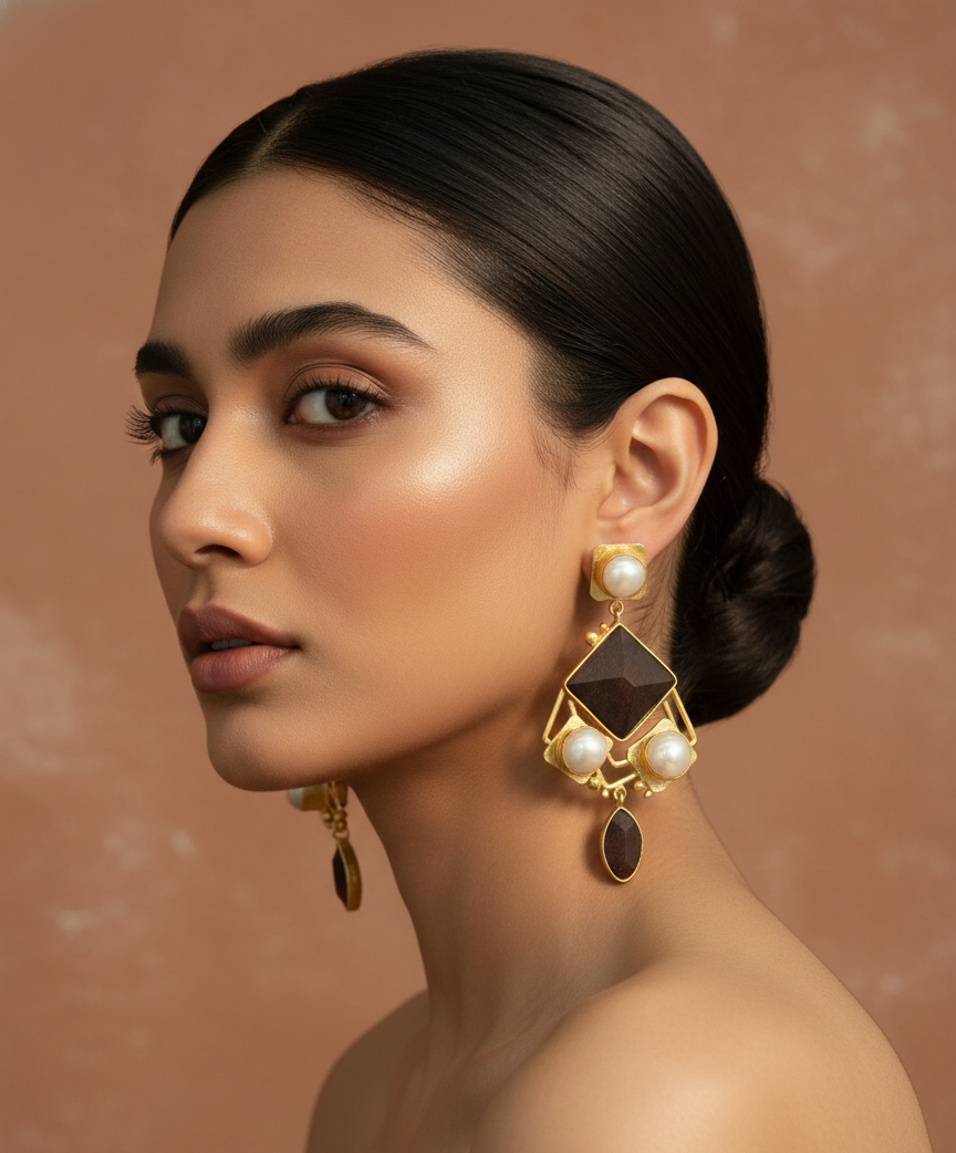 Handcrafted Rosewood & Baroque Pearl Geometric Statement Earrings 1 model wearing sophisticated gold-tone geometric drop earrings, featuring dark rosewood diamond accents and white baroque pearls.