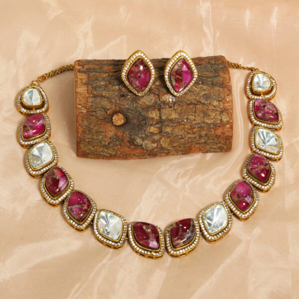 Polki-studded gold finish necklace set with traditional bridal design