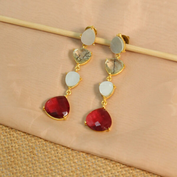 Gold drop earrings with natural pink tourmaline gemstones, handcrafted design