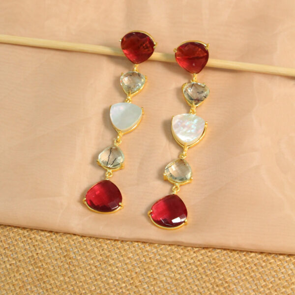 Gold drop earrings with natural pink tourmaline gemstones, handcrafted design