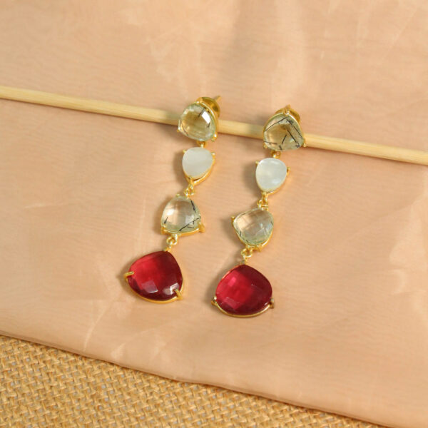 Gold drop earrings with natural pink tourmaline gemstones, handcrafted design
