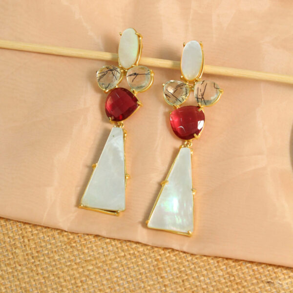 Gold drop earrings with natural pink tourmaline gemstones, handcrafted design