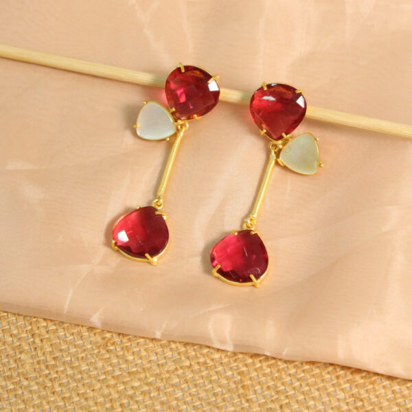 Gold drop earrings with natural pink tourmaline gemstones, handcrafted design