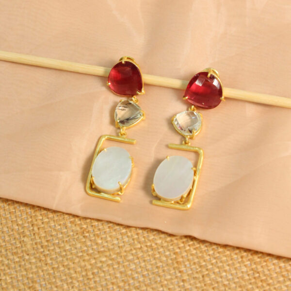 Gold drop earrings with natural pink tourmaline gemstones, handcrafted design