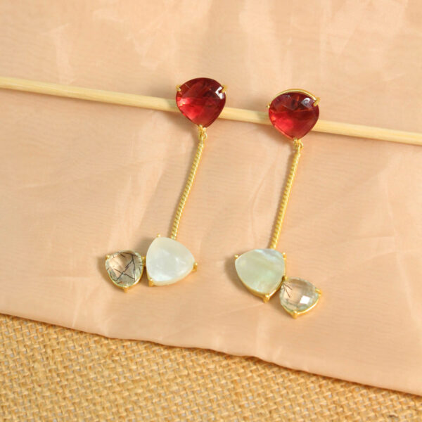 Gold drop earrings with natural pink tourmaline gemstones, handcrafted design