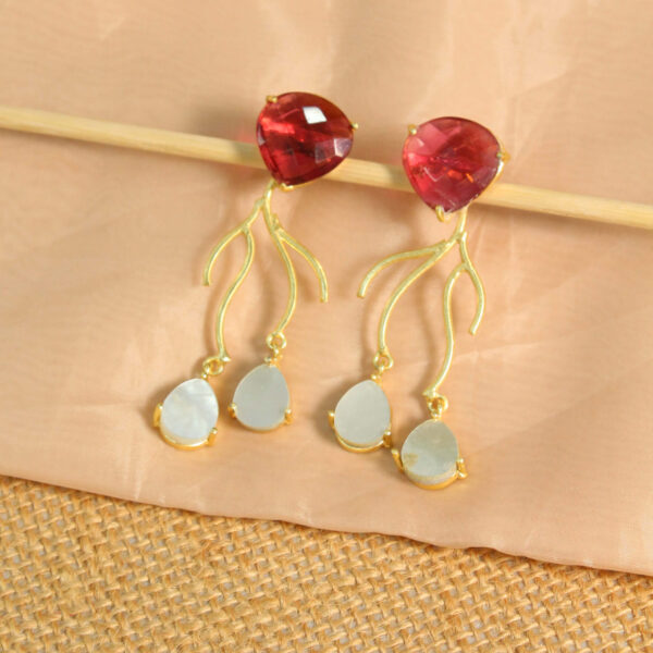 Gold drop earrings with natural pink tourmaline gemstones, handcrafted design