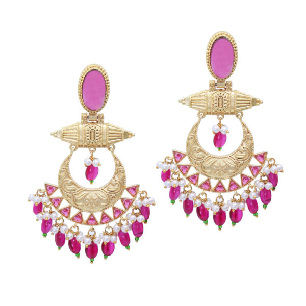 Gold polish chandbali earrings embellished with stones and hanging beads