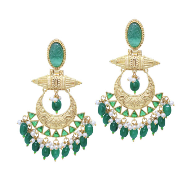 Gold polish chandbali earrings embellished with stones and hanging beads
