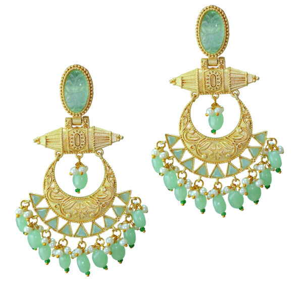 Gold polish chandbali earrings embellished with stones and hanging beads