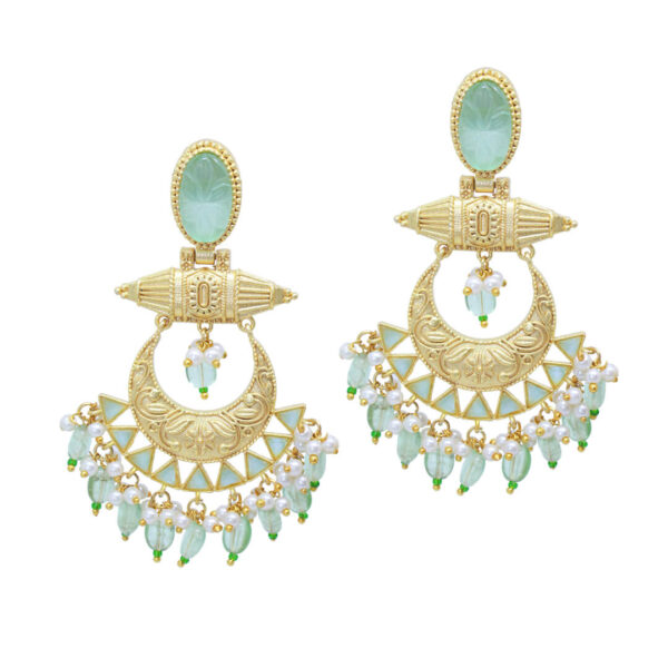Gold polish chandbali earrings embellished with stones and hanging beads