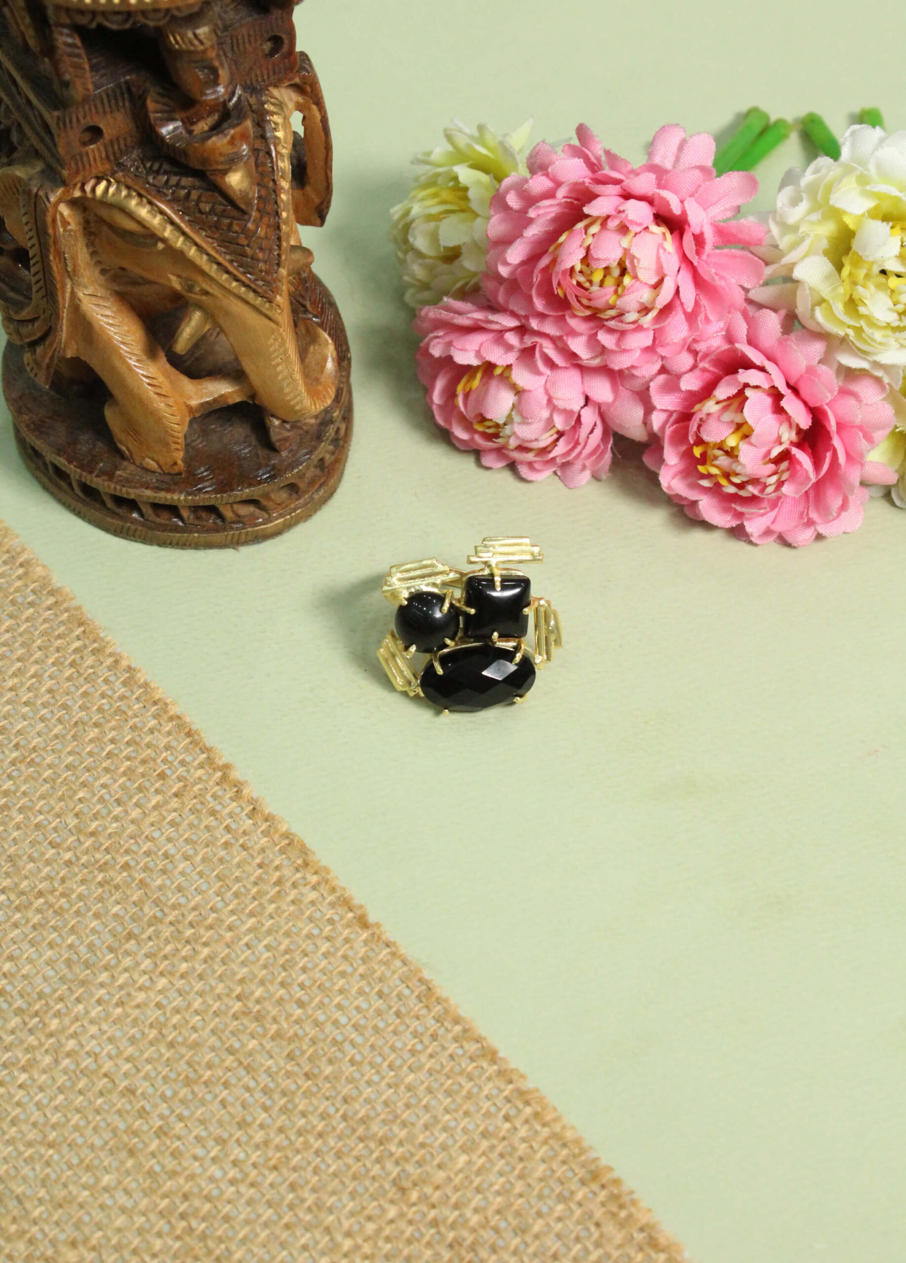 Black Onyx Triple Stone Statement Ring – Handcrafted Gold Cocktail Ring 2 A handcrafted natural stone ring with a gemstone set in a minimalist band