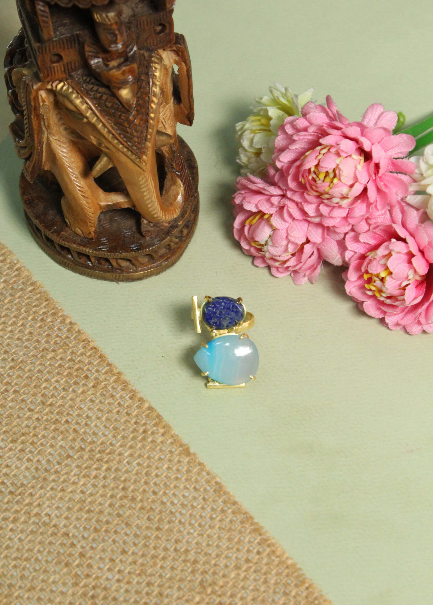 Lapis Lazuli and Moonstone Architectural Statement Ring – Handcrafted Gold Geometric Dual-Stone Ring 2 Lapis Lazuli and Moonstone Architectural Statement Ring – Handcrafted Gold Geometric Dual-Stone Ring - Image 2