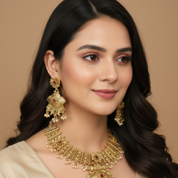 Timeless Treasure: Polki-Studded Gold Finish Necklace Set