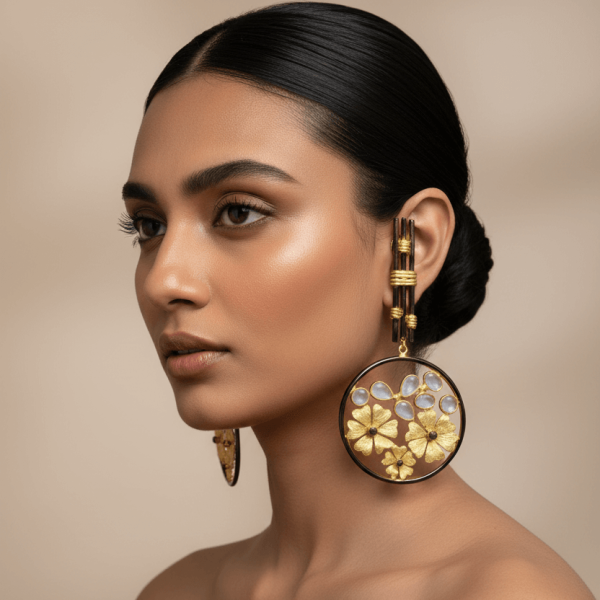 "Gold floral disc earrings with polki traditional bridal statement jewelry India"