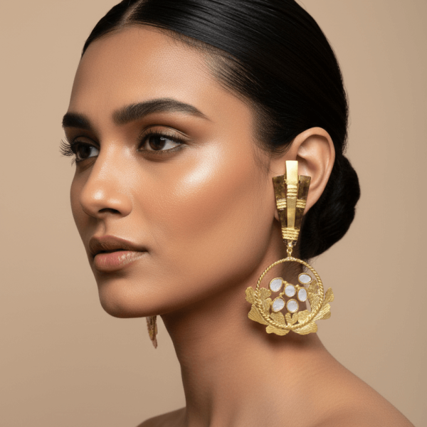 "Gold hoop polki earrings with floral design traditional statement jewelry India"