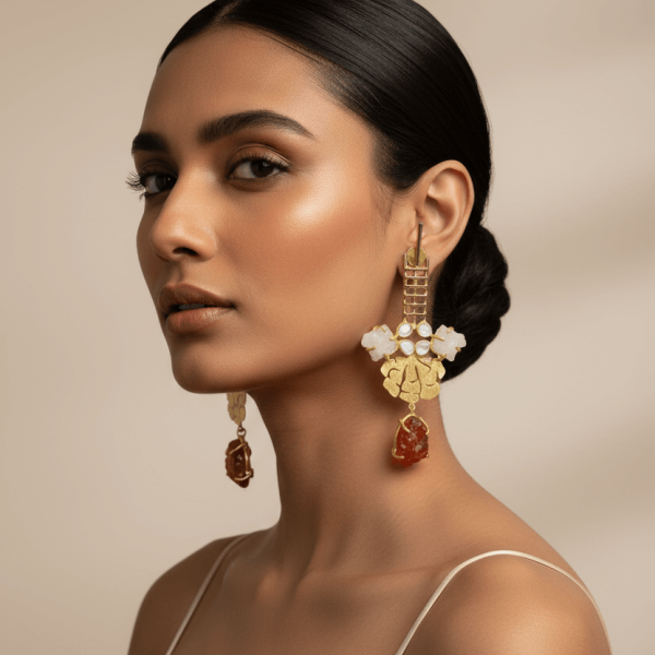 Designer Gold Earrings with Polki, Quartz & Raw Amber Stone Drops