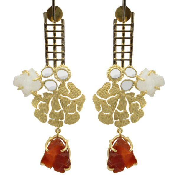 “Woman wearing gold unique metal statement earrings featuring leaf motifs, polki accents, and stone drops elegant handcrafted jewelry by Belsis.”