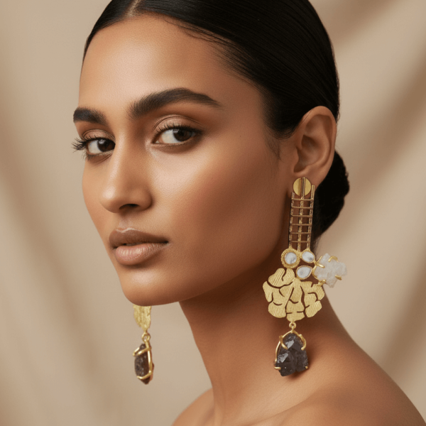 "Gold statement earrings with polki uncut diamonds and raw stone drops handcrafted designer jewelry India"