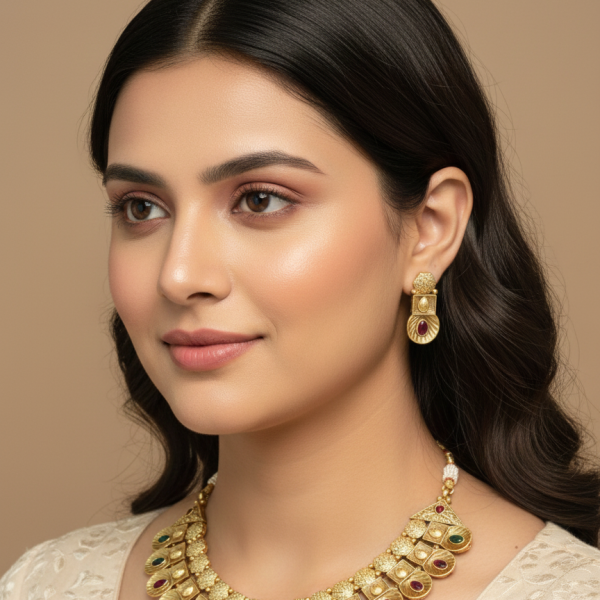 Timeless Treasure: Polki-Studded Gold Finish Necklace Set