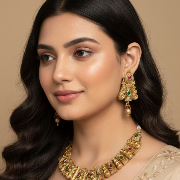 Timeless Treasure: Polki-Studded Gold Finish Necklace Set