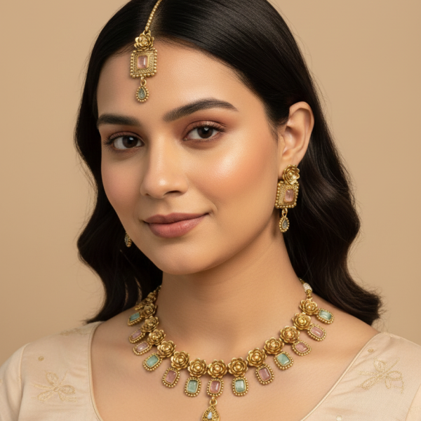 Belsis Golden Polki Necklace Set