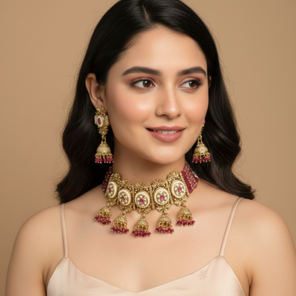 Timeless Treasure: Polki-Studded Gold Finish Necklace Set