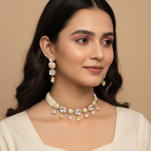 Timeless Treasure: Polki-Studded Gold Finish Necklace Set