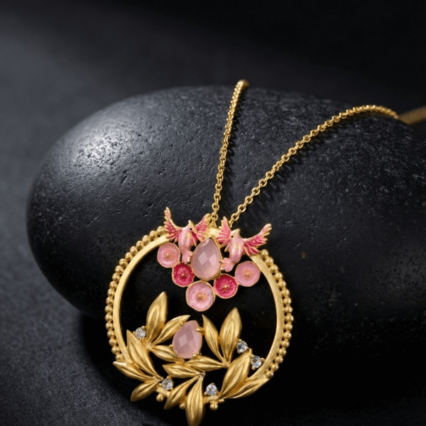 Handcrafted Round Enamel Necklace with Bird and Floral Motif – Artisan Nature Jewelry