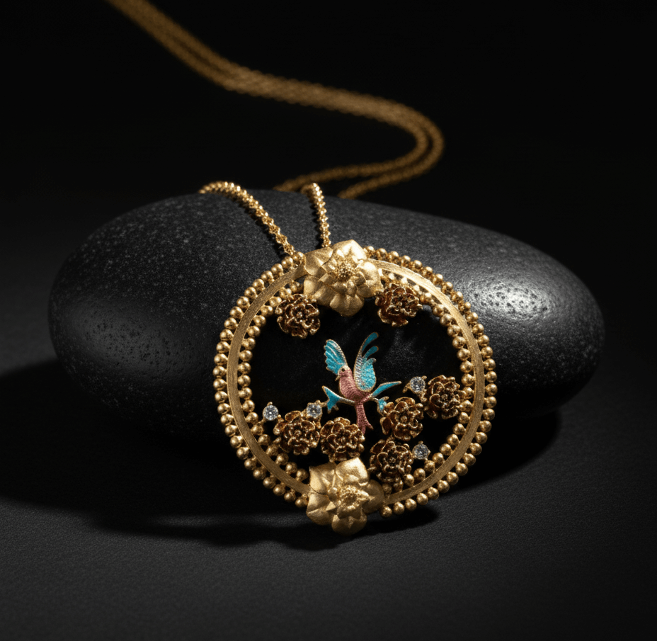 Handcrafted Round Enamel Necklace with Bird and Floral Motif – Artisan Nature Jewelry 1 Handcrafted Round Enamel Necklace with Bird and Floral Motif – Artisan Nature Jewelry