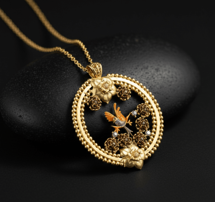 Handcrafted Round Enamel Necklace with Bird and Floral Motif – Artisan Nature Jewelry 1 Handcrafted Round Enamel Necklace with Bird and Floral Motif – Artisan Nature Jewelry